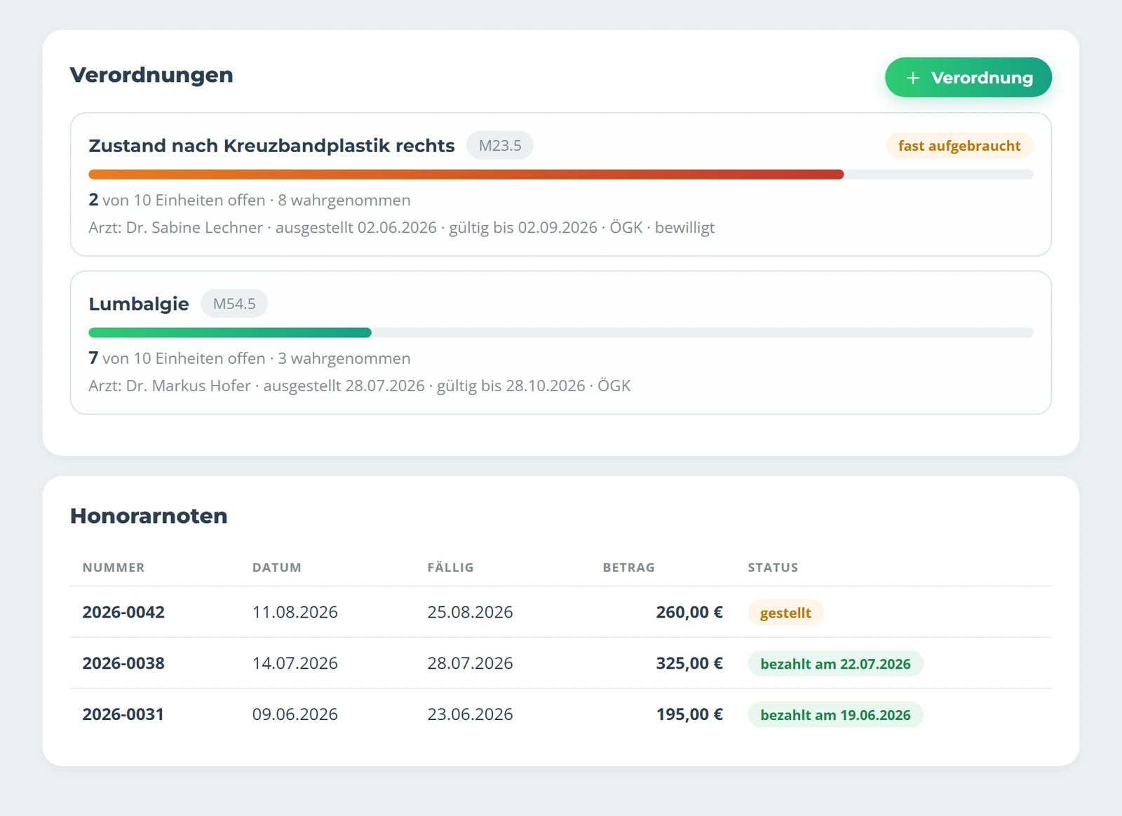 Verordnungen in Vigorix mit Fortschrittsbalken der Einheiten und eine Liste gestellter Honorarnoten.